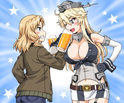 Rule 34 | 2girls, beer mug, black gloves, black shirt, blonde hair, blue background, blue eyes, blue shorts, breasts, brown jacket, cleavage, commentary request, commission, country connection, crossover, cup, denim, denim shorts, detached sleeves, drinking, emblem, front-tie top, garter straps, girls und panzer, gloves, grin, hand on own hip, headgear, holding, holding cup, iowa (kancolle), jacket, kantai collection, kay (girls und panzer), large breasts, locked arms, long sleeves, looking at another, medium hair, microskirt, military, military uniform, mug, multiple girls, navel, one eye closed, oosaka kanagawa, open mouth, partial commentary, pixiv commission, saunders military uniform, shirt, shorts, skirt, sleeveless, sleeveless shirt, smile, standing, star-shaped pupils, star (symbol), starry background, symbol-shaped pupils, toasting (gesture), undershirt, uniform, white skirt, white sleeves