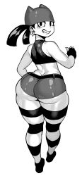 Rule 34 | 1girl, ass, bad id, bad tumblr id, bare shoulders, butt crack, curvy, earrings, from behind, greyscale, grin, hat, highres, huge ass, jewelry, legs, long hair, looking at viewer, looking back, monochrome, my life as a teenage robot, plump, simple background, smile, solo, standing, striped clothes, striped thighhighs, synecdoche, thick thighs, thighhighs, thighs, tiff crust, twintails, white background, wide hips