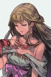 Rule 34 | 1girl, blonde hair, blue eyes, breasts, cleavage, detached sleeves, dress, grey background, half-closed eyes, hand on own chest, hand up, hungry clicker, long hair, off shoulder, parted lips, sash, shiho (valkyrie profile), simple background, solo, upper body, valkyrie profile (series), white dress
