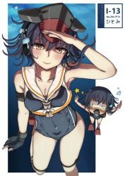 Rule 34 | 10s, 2girls, asymmetrical hair, black hair, breathing tube, brown eyes, character name, diving mask, fairy (kancolle), flippers, framed breasts, freediving, gloves, goggles, hair between eyes, hat, headphones, highres, i-13 (kancolle), kantai collection, looking at viewer, multiple girls, nekokyun, partially fingerless gloves, sailor collar, school swimsuit, short hair, single glove, smile, swimsuit, underwater