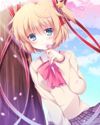 Rule 34 | 1girl, beige sweater, blonde hair, blue eyes, bow, cherry blossoms, commentary request, cowboy shot, grey skirt, hair ornament, hair ribbon, highres, kamikita komari, little busters!, looking at viewer, pink bow, plaid, plaid skirt, pleated skirt, pokopi, red ribbon, ribbon, school uniform, short hair, skirt, smile, solo, star (symbol), star hair ornament, tree, twintails