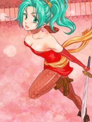 Rule 34 | 1990s (style), 1girl, boots, breasts, detached sleeves, earrings, female focus, final fantasy, final fantasy vi, green eyes, green hair, jewelry, kogensetuya, long hair, matching hair/eyes, open mouth, pantyhose, ponytail, sash, solo, sword, tina branford, weapon