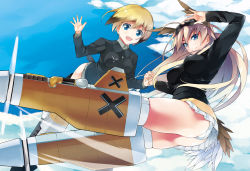 Rule 34 | 2girls, animal ears, ass, blonde hair, blue eyes, cloud, day, erica hartmann, goggles, goggles on head, hanna-justina marseille, head wings, holding hands, military, military uniform, multiple girls, panties, shirota dai, strike witches, striker unit, tail, underwear, uniform, wings, witches of africa, world witches series