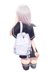 Rule 34 | 1girl, absurdres, arm behind back, ass, backpack, bag, black ribbon, black shirt, black thighhighs, cropped legs, facing away, from behind, hair over shoulder, hair ribbon, hand up, highres, leaning forward, long hair, long shirt, momingie, original, ribbon, ruffling hair, shirt, short sleeves, sidelocks, silver hair, simple background, solo, tag, thighhighs, white background, wide sleeves, wristband