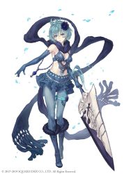 Rule 34 | 1girl, absurdres, aqua hair, beads, blue eyes, boots, drag-on dragoon, drag-on dragoon 3, elbow gloves, flower, full body, fur trim, gem, gloves, hair flower, hair ornament, highres, ji no, looking at viewer, official art, parted lips, petals, revealing clothes, scarf, short hair, sinoalice, skirt, solo, square enix, sword, thigh strap, two (drag-on dragoon), weapon, white background