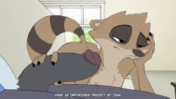 Rule 34 | 2boys, animal nose, animated, bored, furry, furry with furry, half-closed eyes, hand on own cheek, hand on own face, handjob, indoors, looping animation, male focus, mordecai (regular show), multiple boys, penis, regular show, rigby (regular show), snout, uncensored, yaoi