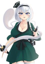 1girl :d absurdres adapted_costume black_hairband blue_eyes blush breasts cleavage collarbone commentary_request ghost green_kimono grey_hair hairband highres japanese_clothes kimono konpaku_youmu konpaku_youmu_(ghost) large_breasts looking_at_viewer multiple_swords open_mouth sash shinonome_zakuro short_hair simple_background smile solo sword thighhighs touhou variant_set weapon white_background white_thighhighs