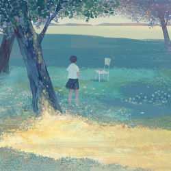 Rule 34 | 1girl, bangqiao yan, brown hair, chair, chinese commentary, commentary request, dappled sunlight, day, facing away, from behind, grass, meadow, nature, original, outdoors, paper airplane, shirt, short hair, short sleeves, skirt, solo, standing, sunlight, tree, white shirt