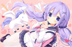 Rule 34 | 1girl, aono ribbon, azur lane, backpack, bag, bag charm, black footwear, black sailor collar, black skirt, blush, brown background, cardigan, charm (object), closed mouth, commentary request, cut-here line, dotted line, envelope, hair between eyes, hair ornament, hair scrunchie, heart, holding, holding envelope, letter, loafers, long hair, long sleeves, looking at viewer, love letter, neckerchief, pantyhose, paper airplane, pink neckerchief, pleated skirt, purple eyes, purple hair, purple scrunchie, ruler, sailor collar, scissors, scrunchie, shoes, skirt, sleeves past wrists, solo, stuffed animal, stuffed toy, stuffed winged unicorn, twintails, unicorn (azur lane), unicorn (long-awaited date) (azur lane), very long hair, white cardigan, white pantyhose, x hair ornament