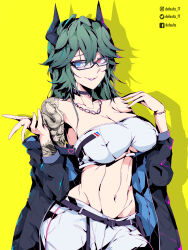 Rule 34 | 1girl, absurdres, arm tattoo, aruna (defaultz), bandeau, bare shoulders, black choker, black jacket, blue eyes, bracelet, breasts, chain, chain necklace, choker, cowboy shot, defaultz, glasses, green hair, heart, heterochromia, highres, jacket, jewelry, large breasts, midriff, navel, necklace, off shoulder, original, pants, red eyes, shadow, snake tattoo, tattoo, toned, white bandeau, white pants, yellow background