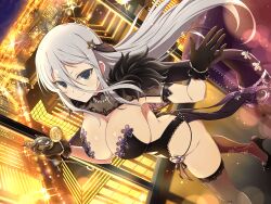 Rule 34 | 1girl, ass, black gloves, breasts, building, butt crack, capelet, city lights, cityscape, cleavage, dress, floral print, gloves, green eyes, grey hair, hair between eyes, hair ornament, highres, holding, holding pocket watch, jewelry, large breasts, long hair, looking at viewer, necklace, night, off-shoulder dress, off shoulder, official art, pearl necklace, pelvic curtain, pocket watch, senkou (senran kagura), senran kagura, senran kagura new link, skyscraper, smile, thighhighs, watch, waving