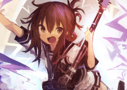 Rule 34 | 1girl, absurdres, arm up, black sailor collar, black skirt, brown eyes, brown hair, folded ponytail, guitar, hair between eyes, highres, holding, holding instrument, inazuma (kancolle), instrument, kaamin (mariarose753), kantai collection, open mouth, pleated skirt, ponytail, sailor collar, school uniform, serafuku, skirt, solo