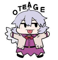 Rule 34 | 1girl, :p, belt, black belt, black eyes, black footwear, blush, bow, bowtie, chibi, commentary request, dress, full body, grey jacket, hair between eyes, jacket, jitome, kishin sagume, looking to the side, open clothes, open jacket, outstretched arms, purple dress, red bow, red bowtie, rihito (usazukin), shoes, short hair, silver hair, simple background, single wing, solo, tongue, tongue out, touhou, white background, white wings, wings
