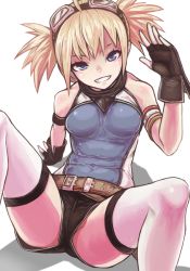 Rule 34 | 10s, 1girl, arm behind back, bad id, bad pixiv id, bare shoulders, belt, black gloves, blonde hair, blue eyes, bodysuit, covered navel, fingerless gloves, gloves, goggles, goggles on head, granblue fantasy, grin, hoshitetsu ringo, looking at viewer, pengie, shadow, short hair, short shorts, short twintails, shorts, sitting, smile, solo, twintails