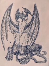 Rule 34 | 1boy, absurdres, demon boy, demon tail, demon wings, devilman, fudou akira, head wings, heart, highres, looking back, male focus, monster boy, topless male, smile, solo, tail, wings
