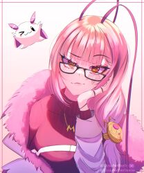 Rule 34 | 1girl, casual, casual clothes, cleavage cutout, clothing cutout, elysianetherb, glasses, hand on own face, highres, looking at viewer, matara kan, matara kan (casual), monster girl, necktie, pink hair, red eyes, smile, sweater, turtleneck, turtleneck sweater, virtual youtuber, vshojo