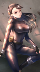 Rule 34 | 1girl, arm support, asymmetrical bangs, belt, black hair, bodystocking, bodysuit, brown eyes, closed mouth, commission, covered collarbone, covered navel, cowboy shot, fingerless gloves, forehead, gloves, hand on own knee, head tilt, highres, leg up, light smile, long hair, looking at viewer, original, pixiv commission, sebu illust, shiny clothes, sideways glance, signature, sitting, skin tight, solo