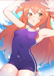 Rule 34 | 1girl, animal ears, armpits, arms up, bare arms, bare shoulders, blue one-piece swimsuit, blush, breasts, brown eyes, brown hair, collarbone, commentary, covered navel, day, hair between eyes, highres, horse ears, long hair, looking at viewer, mayano top gun (umamusume), motion blur, one-piece swimsuit, parted lips, small breasts, solo, swimsuit, teriibol, thighs, umamusume, very long hair, water drop