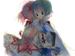 Rule 34 | 10s, 2girls, blood, blood on clothes, blue eyes, blue hair, bow, bubble skirt, cape, detached sleeves, dress, fortissimo, gloves, hair bow, hair ornament, hairclip, hug, kaname madoka, magical girl, mahou shoujo madoka magica, mahou shoujo madoka magica (anime), mahou shoujo madoka magica movie 1 &amp; 2, miki sayaka, miyama rikka, multiple girls, musical note, musical note hair ornament, petticoat, pink dress, pink hair, pink skirt, puffy sleeves, shirt, short hair, skirt, twintails, white gloves