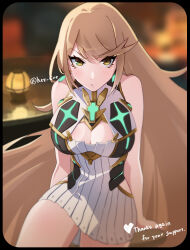 Rule 34 | 1girl, arms at sides, artist name, blonde hair, blurry, blurry background, breasts, cleavage, commentary request, core crystal (xenoblade), english text, hey cre, highres, large breasts, long hair, looking at viewer, mythra (xenoblade), solo, very long hair, xenoblade chronicles (series), xenoblade chronicles 2, yellow eyes