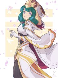 Rule 34 | 1girl, black thighhighs, commentary, dragalia lost, falling petals, gloves, gold trim, green hair, hildegarde (dragalia lost), long hair, petals, purple eyes, solo, tabard, takasaka light, thighhighs, two-tone background, white background, white gloves, yellow background