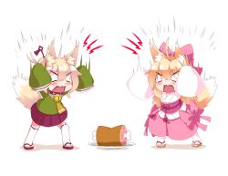 Rule 34 | 2girls, animal ear fluff, animal ears, arms up, bell, blonde hair, blush, boned meat, borrowed character, bow, brown collar, brown footwear, character request, collar, colored shadow, commentary, english commentary, food, fox ears, fox girl, fox tail, green shirt, hair between eyes, hair bow, hair bun, hair ornament, japanese clothes, jingle bell, kemomimi-chan (naga u), kimono, kyddstatic, long hair, long sleeves, meat, multiple girls, neck bell, obi, open mouth, orange neckwear, original, pink bow, pink skirt, plate, purple skirt, ribbon-trimmed legwear, ribbon trim, sandals, sash, shadow, shirt, sidelocks, single hair bun, skirt, sleeves past fingers, sleeves past wrists, tail, thighhighs, v-shaped eyebrows, very long hair, white background, white kimono, white legwear, zouri