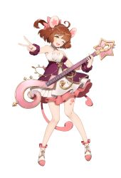 Rule 34 | 1girl, :d, absurdres, ahoge, animal ears, ankle bow, ankle ribbon, artist request, bare arms, bare legs, bare shoulders, bow, brown hair, detached collar, dress, eversoul, frilled dress, frills, guitar, hair bow, hair ornament, hamster ears, hamster girl, headpiece, heart, highres, holding, holding instrument, idol, idol clothes, instrument, looking at viewer, mica (eversoul), musical note, off shoulder, official art, one eye closed, open mouth, pink bow, pink dress, ribbon, scrunchie, short hair, smile, solo, standing, star (symbol), star sticker, tachi-e, transparent background, v, white dress, white footwear, wrist scrunchie, yellow eyes