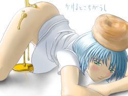 Rule 34 | 1girl, all fours, bisuke-tan, blue hair, dripping, food, food on body, green eyes, honey, kfc, lips, object on head, pancake, simple background, solo, white background