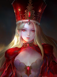 Rule 34 | 1girl, black hat, blonde hair, breasts, character request, commentary, dana (destiny child), declarative dana, destiny child, dress, fur trim, gem, gold trim, hat, highres, long sleeves, looking at viewer, lunariavi, medium breasts, parted bangs, parted lips, red dress, red eyes, red gemstone, signature, solo, teeth, upper body