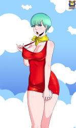 Rule 34 | 1girl, aqua hair, blue eyes, blush, breasts, bulma, dragon ball, dragonball z, dress, earrings, highres, jewelry, kyoffie, large breasts, lipstick, makeup, open mouth, scarf