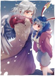 Rule 34 | 2girls, alternate costume, angel wings, animal ears, beige jacket, braid, breasts, commentary request, dress, earclip, feathered wings, french braid, half updo, highres, jacket, kishin sagume, large breasts, long hair, long sleeves, looking at viewer, medium breasts, multiple girls, open clothes, open jacket, open mouth, pink jacket, purple dress, rabbit ears, red eyes, red scarf, scarf, seiran (touhou), short hair, sidelocks, silver hair, single wing, smile, snow, snowing, tile floor, tiles, touhou, warabe (be-san), wings