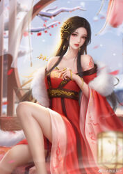 Rule 34 | 1girl, absurdres, bare legs, bare shoulders, bare tree, chi lian (qin shi ming yue), chinese clothes, coat, curtains, dress, fur-trimmed coat, fur trim, highres, ji hui zhaoxi, lantern, leg up, looking at viewer, off-shoulder dress, off shoulder, parted lips, print coat, qinshi mingyue, red dress, second-party source, smoke, snake, snow, solo, teeth, tree