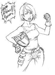 Rule 34 | 1girl, bad id, bb (baalbuddy), belt, biker clothes, breasts, capcom, cleavage, clenched hand, clenched hands, english text, gloves, greyscale, unworn headwear, helmet, unworn helmet, holding, holding helmet, inactive account, justice gakuen, kazama akira, lineart, medium breasts, moero! justice gakuen, monochrome, pants, parted bangs, raised fist, shiritsu justice gakuen, short hair, solo, street fighter, tank top, the protomen