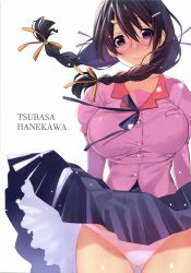 Rule 34 | 1girl, absurdres, bakemonogatari, blush, bow, bowtie, braid, breasts, buttons, character name, closed mouth, glasses, hair ornament, hanekawa tsubasa, head tilt, highres, looking at viewer, medium breasts, monogatari (series), panties, purple eyes, purple hair, scan, shiny skin, simple background, skirt, smile, solo, twin braids, twintails, underwear, white panties