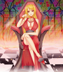 Rule 34 | 1girl, absurdres, bad deviantart id, bad id, blonde hair, breasts, cleavage, covered erect nipples, dress, highres, large breasts, nipples, original, red dress, ryuuzouji usagi, see-through, see-through silhouette, small nipples, smile, solo