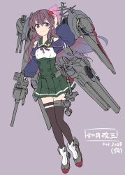 Rule 34 | 1girl, adapted costume, adapted turret, black thighhighs, blue jacket, brown hair, cannon, crescent, crescent pin, flat chest, full body, green sailor collar, green skirt, grey background, hair ornament, highres, jacket, kantai collection, kisaragi (kancolle), long hair, looking at viewer, machinery, minosu, original remodel (kantai collection), purple eyes, sailor collar, school uniform, serafuku, simple background, skirt, smile, solo, thighhighs, turret