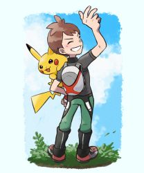 Rule 34 | 1boy, arm up, blush stickers, brown hair, closed eyes, cloud, creatures (company), day, falling leaves, from behind, game freak, gen 1 pokemon, green pants, grey shirt, grin, highres, holding, holding poke ball, kokesa kerokero, leaf, male focus, nintendo, pants, pikachu, poke ball, poke ball (basic), pokemon, pokemon (creature), pokemon lgpe, pokemon on arm, shirt, shoes, short hair, short sleeves, sky, smile, standing, teeth, trace (pokemon), w
