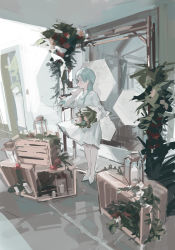 Rule 34 | 1girl, absurdres, blue hair, bouquet, commentary, crate, day, dress, english commentary, flower, full body, highres, holding, holding bouquet, lantern, long hair, long sleeves, open mouth, original, outdoors, plant, potted plant, profile, solo, standing, white dress, white footwear, zygocactus