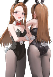 Rule 34 | 1girl, absurdres, animal ears, ass, black leotard, black pantyhose, blush, bow, bowtie, breasts, brown hair, cleavage, collarbone, crossed arms, detached collar, fake animal ears, fake tail, forehead, highres, idolmaster, idolmaster (classic), idolmaster million live!, leotard, long hair, looking at viewer, medium breasts, minase iori, multiple views, pantyhose, pdal (pdalhhh), playboy bunny, rabbit ears, rabbit tail, red bow, red bowtie, simple background, straight hair, strapless, strapless leotard, sweatdrop, tail, very long hair, white background, wrist cuffs