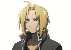 Rule 34 | 1boy, absurdres, ahoge, bad id, bad tumblr id, bandaged neck, bandages, bandaid, bandaid on face, black shirt, blonde hair, braid, bruise, closed mouth, collarbone, collared jacket, collarless shirt, commentary, edward elric, frown, fullmetal alchemist, grey jacket, highres, injury, jacket, long hair, looking at viewer, male focus, maro (lij512), open clothes, parted bangs, serious, shirt, simple background, single braid, solo, symbol-only commentary, upper body, white background, yellow eyes