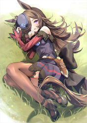 1girl :d animal_ears black_footwear blue_flower blue_hat blue_rose brown_hair brown_thighhighs commentary_request dagger dress flower grass hair_over_one_eye hat highres horse_ears horse_girl horse_tail knife long_hair looking_at_viewer lying meyamu on_side open_mouth purple_dress rice_shower_(umamusume) rose shoes smile solo tail thighhighs tilted_headwear umamusume weapon