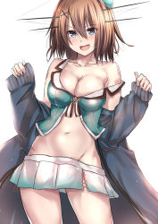 Rule 34 | 10s, 1girl, :d, bare shoulders, beret, black jacket, blue eyes, blush, breasts, brown hair, collarbone, contrapposto, cowboy shot, green hat, green vest, groin, hair between eyes, hat, headgear, jacket, kantai collection, large breasts, long sleeves, maya (kancolle), maya kai ni (kancolle), navel, off shoulder, open clothes, open jacket, open mouth, pleated skirt, short hair, side slit, simple background, skirt, sleeves past wrists, smile, solo, standing, stomach, tai (nazutai), vest, white background, white skirt