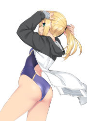 Rule 34 | 1girl, ahoge, arms up, artoria pendragon (all), artoria pendragon (fate), artoria pendragon (swimsuit archer) (second ascension) (fate), ass, blonde hair, blue one-piece swimsuit, blush, breasts, competition swimsuit, fate/stay night, fate (series), green eyes, highleg, highleg swimsuit, highres, hood, hooded jacket, jacket, long hair, long sleeves, looking at viewer, looking back, namonashi, one-piece swimsuit, open clothes, open jacket, saber (fate), saber (summer battle clothes) (fate), sidelocks, small breasts, solo, swimsuit, white background