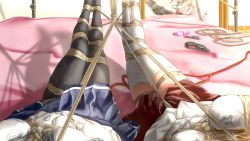 Rule 34 | 2girls, bdsm, bed, black hair, blindfold, bondage, bound, breasts, brown hair, character request, crotch rope, female pov, highres, legs up, long hair, medium breasts, miniskirt, mirror, multiple girls, pantyhose, pov, rope, saliva, school uniform, sex toy, shier&#039;s web, short hair, skirt, tagme, thighhighs, vibrator, white theme