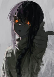 Rule 34 | 1girl, absurdres, black hair, braid, braided ponytail, chainsaw man, grey sweater, hair over shoulder, highres, komura hiroto, nayuta (chainsaw man), open mouth, orange eyes, outstretched arm, pointing, ringed eyes, sidelocks, solo, sweater, turtleneck, turtleneck sweater