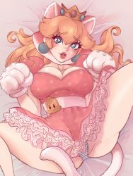 Rule 34 | 1girl, animal ears, animal hands, artist name, bed sheet, blonde hair, blue eyes, blue panties, breasts, cat ears, cat tail, cleavage, collarbone, crown, dress, earrings, eyelashes, fake animal ears, fake tail, frilled dress, frills, furrowed brow, gloves, hands up, head tilt, heart, heart-shaped pupils, highres, jewelry, large breasts, lips, looking at viewer, mario (series), medium hair, nintendo, panties, parted lips, paw gloves, persy, pink background, pink dress, pink lips, princess peach, print dress, puffy short sleeves, puffy sleeves, sash, short dress, short sleeves, smile, solo, spread legs, star (symbol), star print, striped clothes, striped panties, super bell, super mario 3d world, super star (mario), symbol-shaped pupils, tail, thick lips, thighs, underwear, white panties, white sash