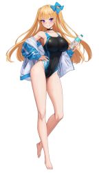 Rule 34 | 1girl, barefoot, black choker, black one-piece swimsuit, blonde hair, blue eyes, blue jacket, blue ribbon, bottle, breasts, choker, commentary request, competition swimsuit, full body, hair ribbon, hand on own hip, highres, holding, holding bottle, jacket, large breasts, lina (michihasu), long hair, michihasu, one-piece swimsuit, original, ribbon, simple background, solo, swimsuit, toes, water bottle, wet, wet clothes, wet swimsuit, white background