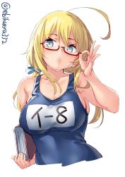 Rule 34 | 1girl, blonde hair, blue eyes, blush, book, breasts, ebifurya, glasses, hair between eyes, highres, i-8 (kancolle), kantai collection, large breasts, low twintails, name tag, one-piece swimsuit, open mouth, red-framed eyewear, school swimsuit, semi-rimless eyewear, simple background, solo, swimsuit, twintails, twitter username, under-rim eyewear, white background