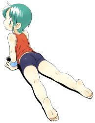 Rule 34 | 1girl, ass, barefoot, bike shorts, feet, full body, green hair, legs, lying, on stomach, original, oyatsu (mk2), short hair, simple background, soles, solo, source request, tank top, toes, white background