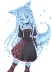 Rule 34 | 1girl, animal ears, bare shoulders, black dress, black thighhighs, blue eyes, blue hair, blue sclera, blue skin, blush, bridal gauntlets, collar, colored sclera, colored skin, commission, curss, dress, fox ears, fox tail, hand up, head tilt, highres, jewelry, long hair, looking at viewer, metal collar, monster girl, original, parted lips, pendant, pleated dress, red ribbon, red thighhighs, ribbon, simple background, skeb commission, skindentation, slime girl, solo, striped clothes, striped thighhighs, tail, thighhighs, two-tone legwear, very long hair, white background